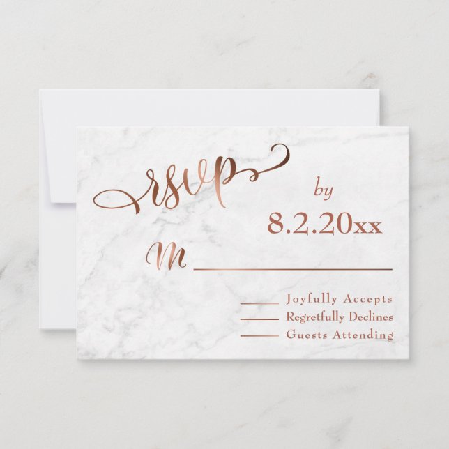 Elegant Copper Script w/ White Marble Wedding RSVP Card (Front)