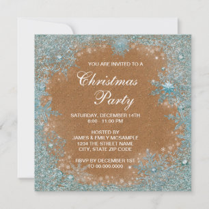 Elegant Copper Teal Blue Snowflake Christmas Party Invitation