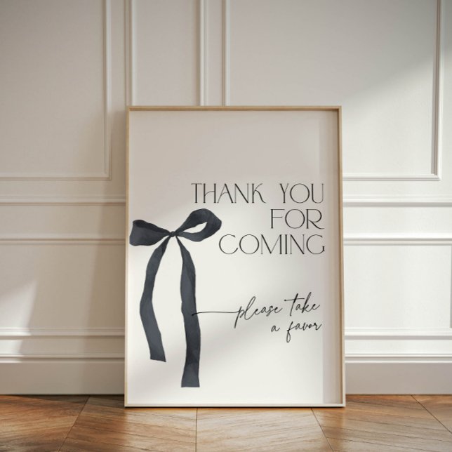 Elegant Coquette Black Bow Thank You for Coming Pedestal Sign (Elegant black bow thank you for coming, please take a favor sign for bridal shower shes tying a knot)