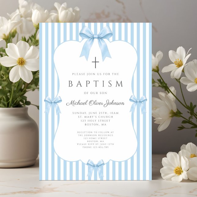 Elegant Coquette Blue Bow Boy Baptism Invitation (Elegant Coquette Blue Bow Boy Baptism Invitation)