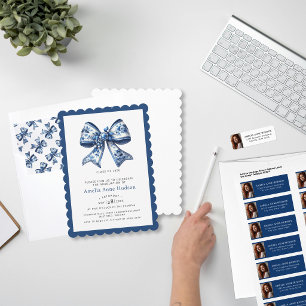Elegant Coquette Blue Floral Bow Graduation Party Invitation