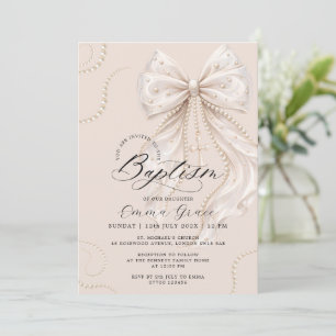 Elegant Coquette Bow and Pearl Baptism Invitation