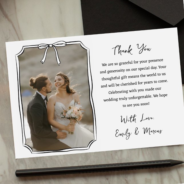 Elegant Coquette Bow Frame Chic Wedding Photo Thank You Card (Creator Uploaded)