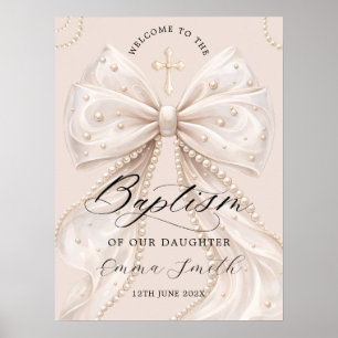 Elegant Coquette Bow with Pearl Baptism Welcome Poster