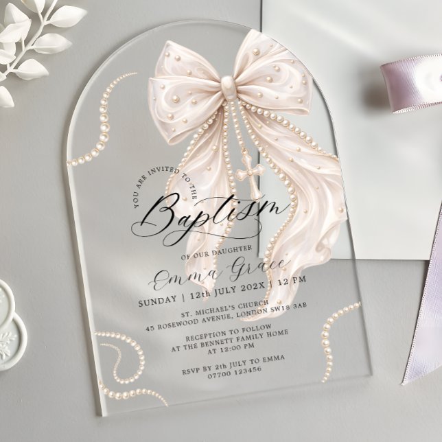 Elegant Coquette Bow with Pearls Luxury Baptism Acrylic Invitations (Creator Uploaded)