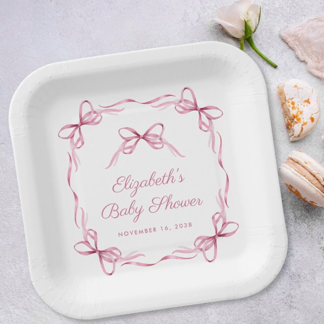 Elegant Coquette Bows Pink Baby Girl Shower Paper Plate (Creator Uploaded)