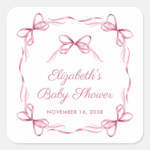 Elegant Coquette Bows Pink Baby Girl Shower Square Sticker