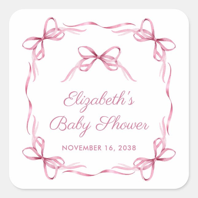 Elegant Coquette Bows Pink Baby Girl Shower Square Sticker (Front)