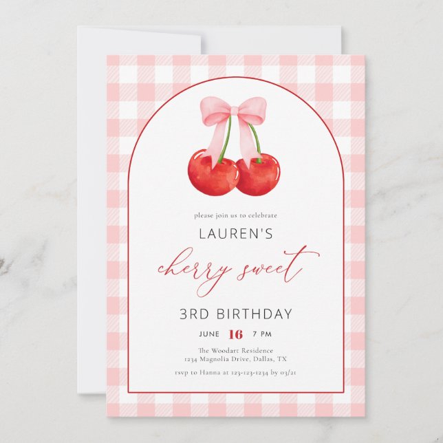 Elegant Coquette Cherry Sweet Girl 1st Birthday Invitation (Front)