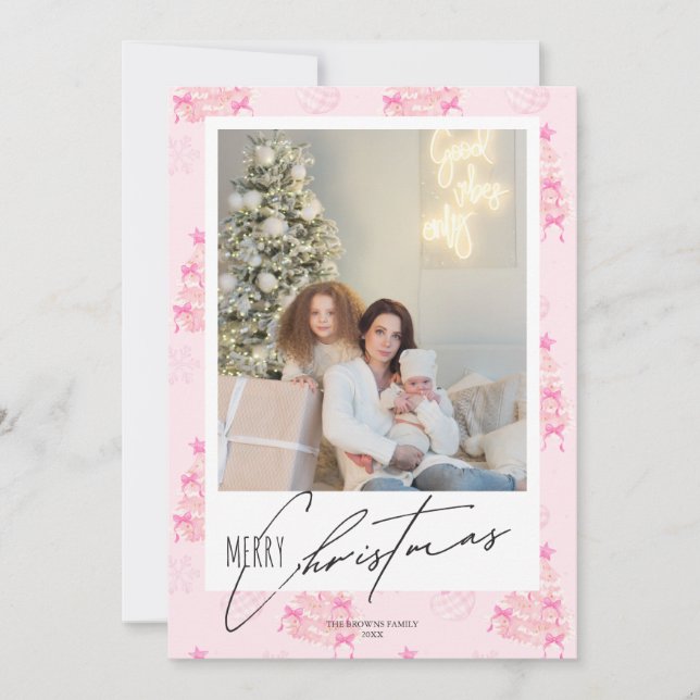 Elegant Coquette Christmas tree pink bow 1 photo  Holiday Card (Front)