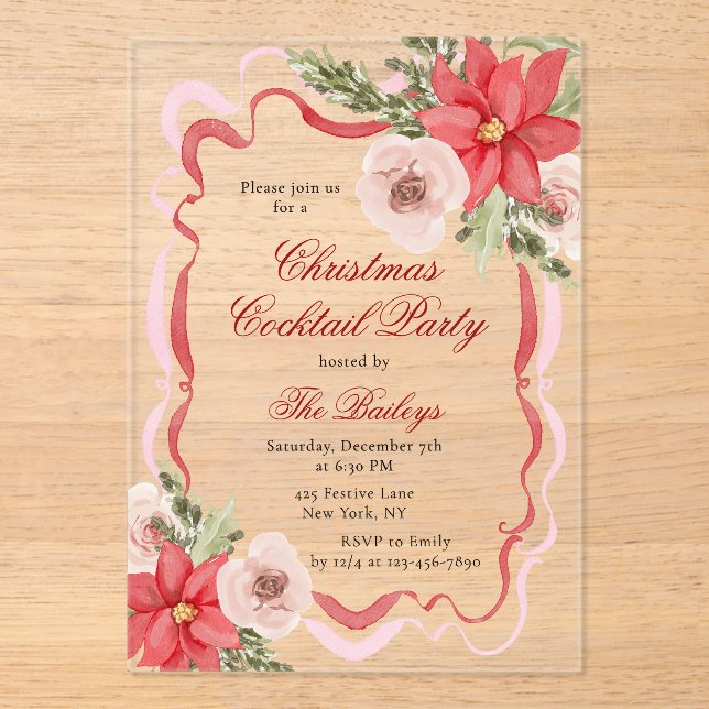 Elegant Coquette Floral Christmas Cocktail Party Acrylic Invitations (Front)