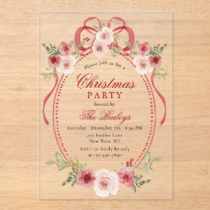 Elegant Coquette Floral Christmas Party Acrylic Invitations