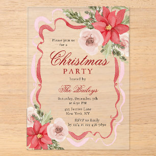 Elegant Coquette Floral Christmas Party Acrylic Invitations