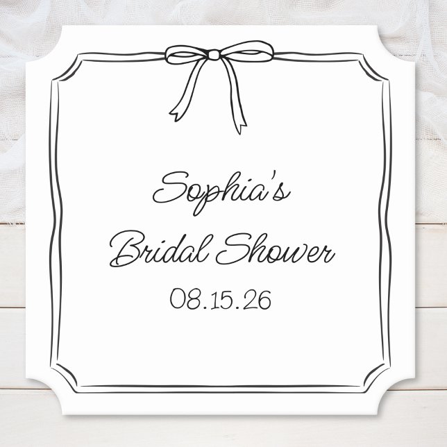 Elegant Coquette Hand Drawn Bow Cute Bridal Shower Paper Coaster (Creator Uploaded)