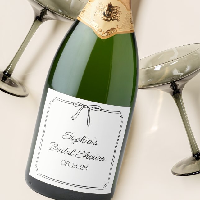 Elegant Coquette Hand Drawn Bow Cute Bridal Shower Sparkling Wine Label (Creator Uploaded)