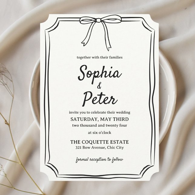 Elegant Coquette Hand-Drawn Bow Timeless Wedding Invitation (Creator Uploaded)