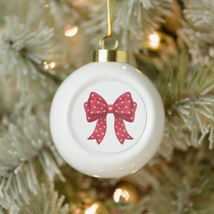 Elegant Coquette Minimalist Red Bow & White Hearts Ceramic Ball Christmas Ornament