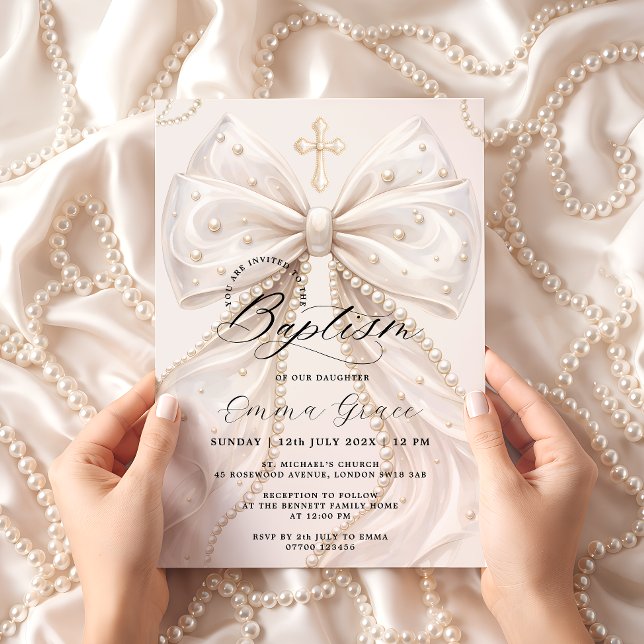 Elegant Coquette Pearl Bow Baptism Invitation (Creator Uploaded)
