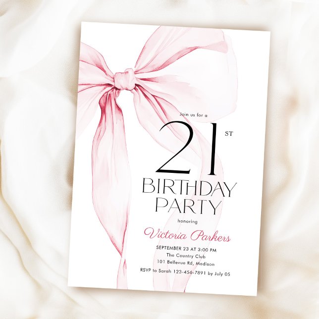 Elegant Coquette Pink Bow 21st Birthday Invitation (Creator Uploaded)