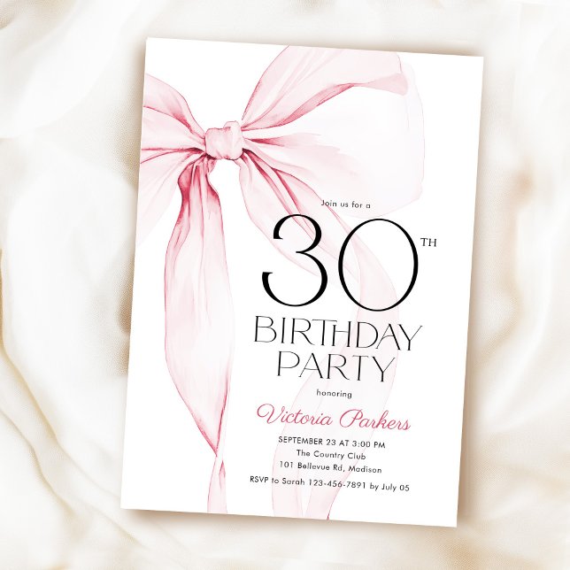 Elegant Coquette Pink Bow 30th Birthday Invitation (Creator Uploaded)