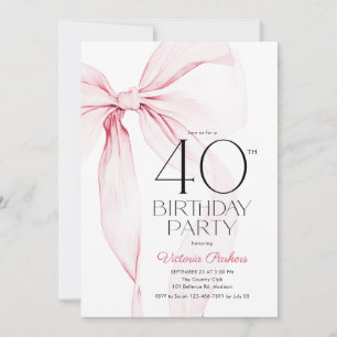 Elegant Coquette Pink Bow 40th Birthday Invitation