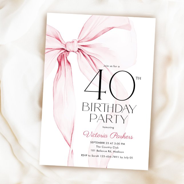 Elegant Coquette Pink Bow 40th Birthday Invitation (Creator Uploaded)