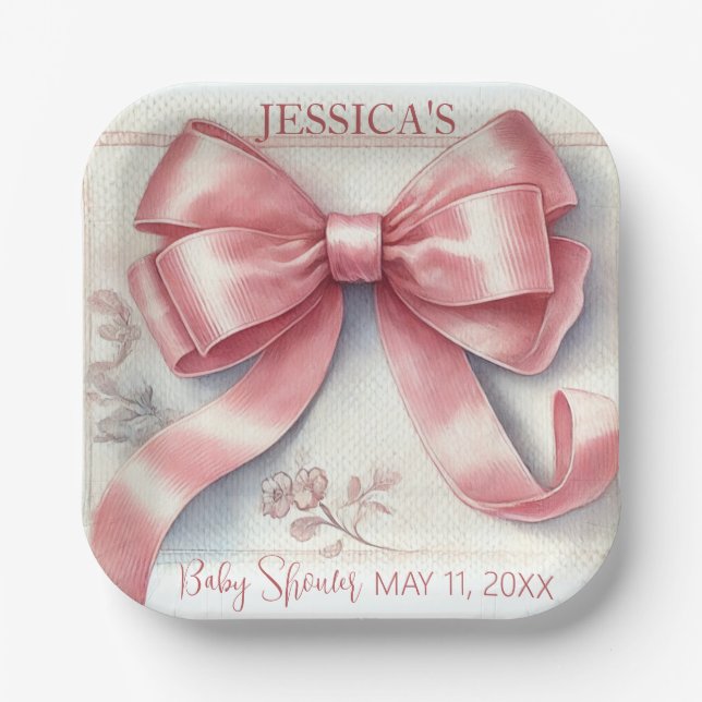 Elegant Coquette Pink Bow Baby Shower Girl Paper Plate (Front)