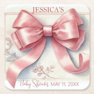 Elegant Coquette Pink Bow Baby Shower Girl Square Paper Coaster