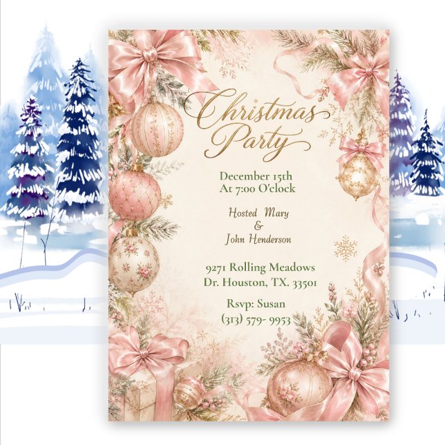 Elegant Coquette Pink Bow Christmas Party Invitation (Creator Uploaded)