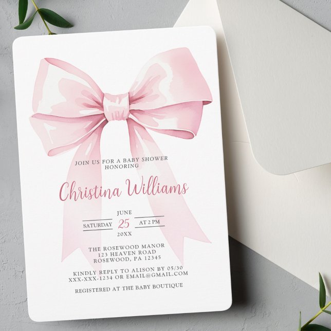 Elegant Coquette Pink Bow Girl Baby Shower Invitation (Creator Uploaded)
