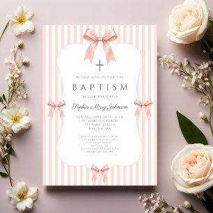 Elegant Coquette Pink Bow Girl Baptism Invitation