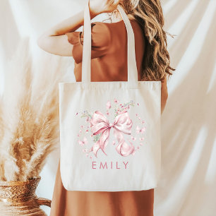 Elegant Coquette Pink Bow Pearls Tote Bag