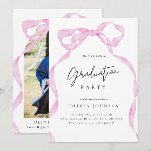 Elegant Coquette Pink Bow Photo Graduation Party  Invitation