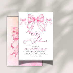 Elegant Coquette Pink Bow Retro Girl Baby Shower Invitation