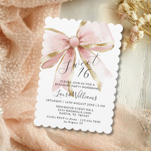 Elegant Coquette Pink & Gold Bow Sweet 16 Invitation