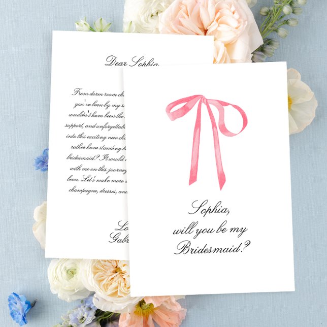 Elegant Coquette Pink Ribbon Bow Bridesmaid Card (Elegant Pink Ribbon Bridesmaid card)