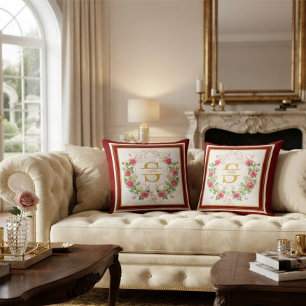 Elegant Coquette Pink Rose Floral Garland Monogram Cushion