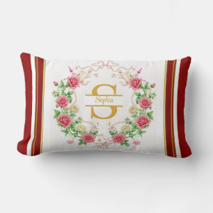 Elegant Coquette Pink Rose Floral Garland Monogram Lumbar Cushion