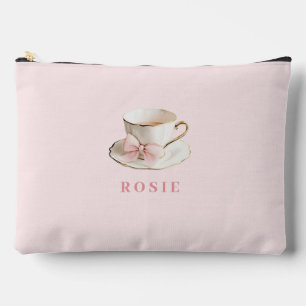 Elegant Coquette Preppy Pink Teacup with Bow Accessory Pouch