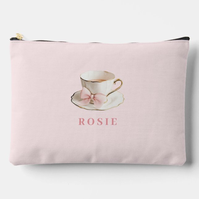 Elegant Coquette Preppy Pink Teacup with Bow Accessory Pouch (Front)