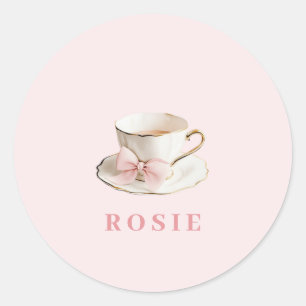Elegant Coquette Preppy Pink Teacup with Bow Classic Round Sticker