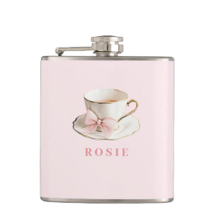 Elegant Coquette Preppy Pink Teacup with Bow Hip Flask