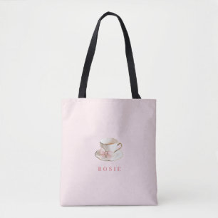 Elegant Coquette Preppy Pink Teacup with Bow Tote Bag