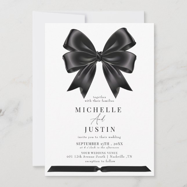 Elegant Coquette Ribbon Bow Black White Wedding Invitation (Front)