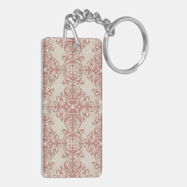 Elegant Coral and Antique White Damask Pattern Key Ring (Back Left)