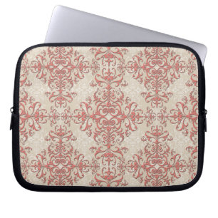 Elegant Coral and Antique White Damask Pattern Laptop Sleeve