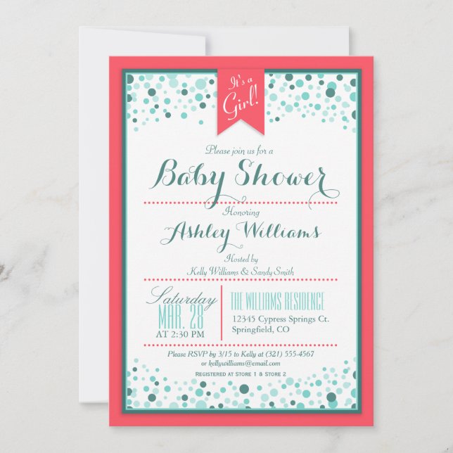 Elegant Coral and Aqua Confetti Baby Shower Invitation (Front)