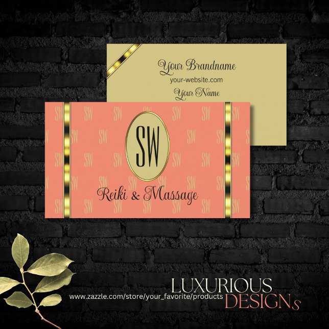 Elegant Coral and Beige with Monogram Patterned Business Card (Creator Uploaded)