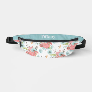 Elegant Coral and Blue Floral Pattern Personalised Bum Bags