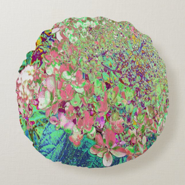 Elegant Coral and Chartreuse Limelight Hydrangea Round Cushion (Front)